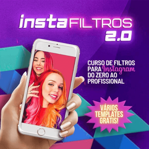 Curso instafiltros 2.0 e duas meninas em um celular que estão usando filtros do instagram