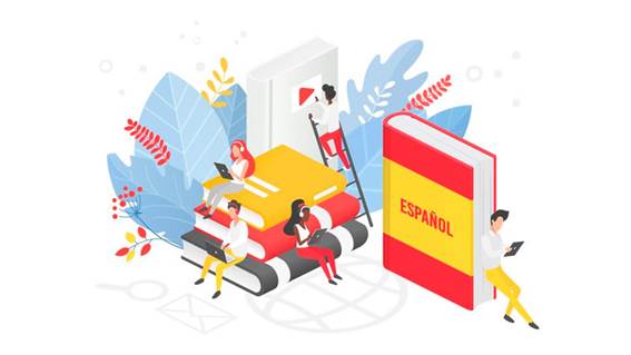 Imagem ilustrativa de diversas pessoas próximas a livros de espanhol