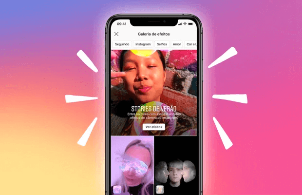 Celular mostrando galeria de efeitos no filtro do Instagram