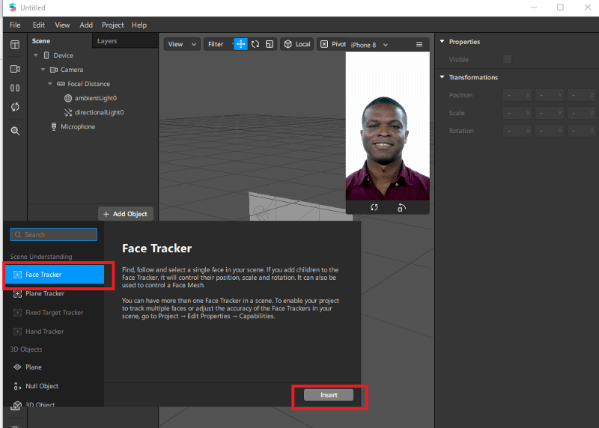 Segundo passo de como criar filtros na ferramenta Spark AR Studio