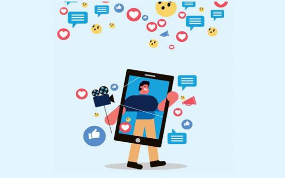 Ilustração de emoticon e emojis flutuando e a figura de uma pessoa dentro do telefone
