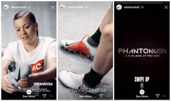 Stories da nike mostrando um vídeo sobre um calçado de futebol
