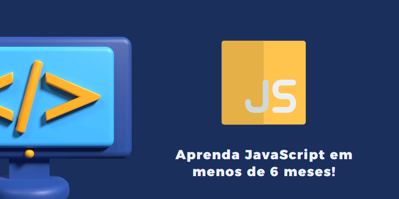 computador de mentira e logo do javascript ao lado com uma frase em baixo em fundo azul escuro