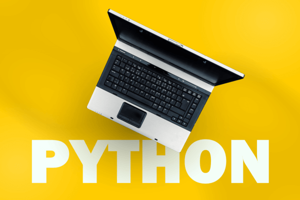 python em fundo amarelo e computador flutuando