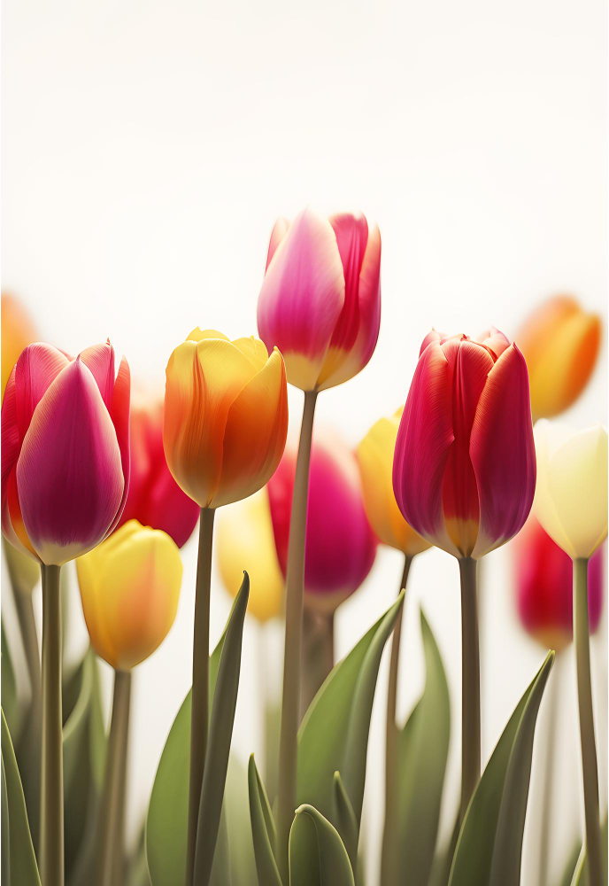 um monte de tulipas com cores amarelas rosa e laranja
