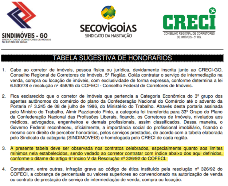 Figura 1 Tabela sugestiva de honorários Sindimóveis GO conforme apresentado no sítio eletrônico da entidade