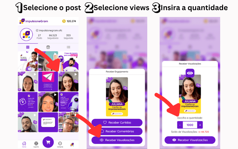 tutorial com print de como enviar visualizacoes usando impulsionegram