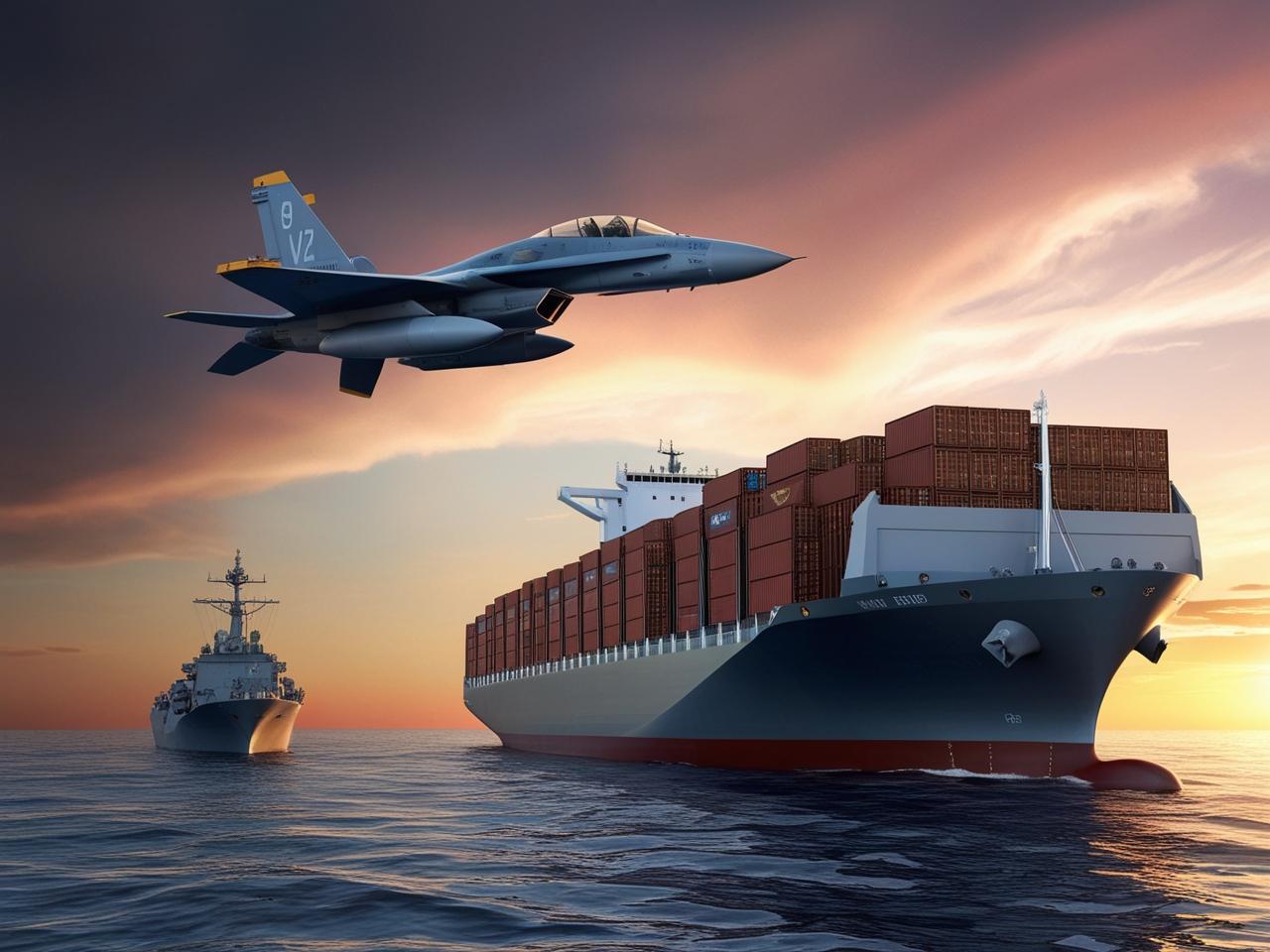 Crie uma imagem com o tema guerra e logística com navio de container avião de caça