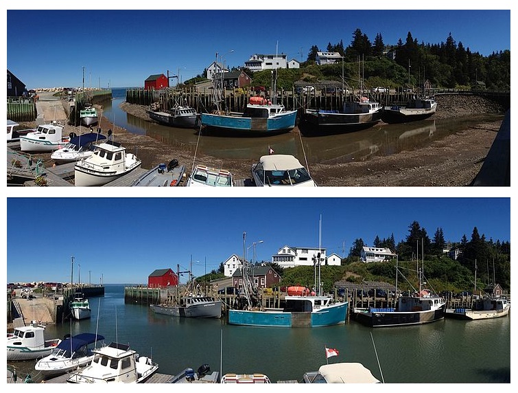 Foto com duas imagens comparativas do porto de Hall’s Harbour no Canadá, barcos encalhados na baixa-mar (foto a cima) e desencalhados (foto a baixo) após 75 minutos de maré enchendo.